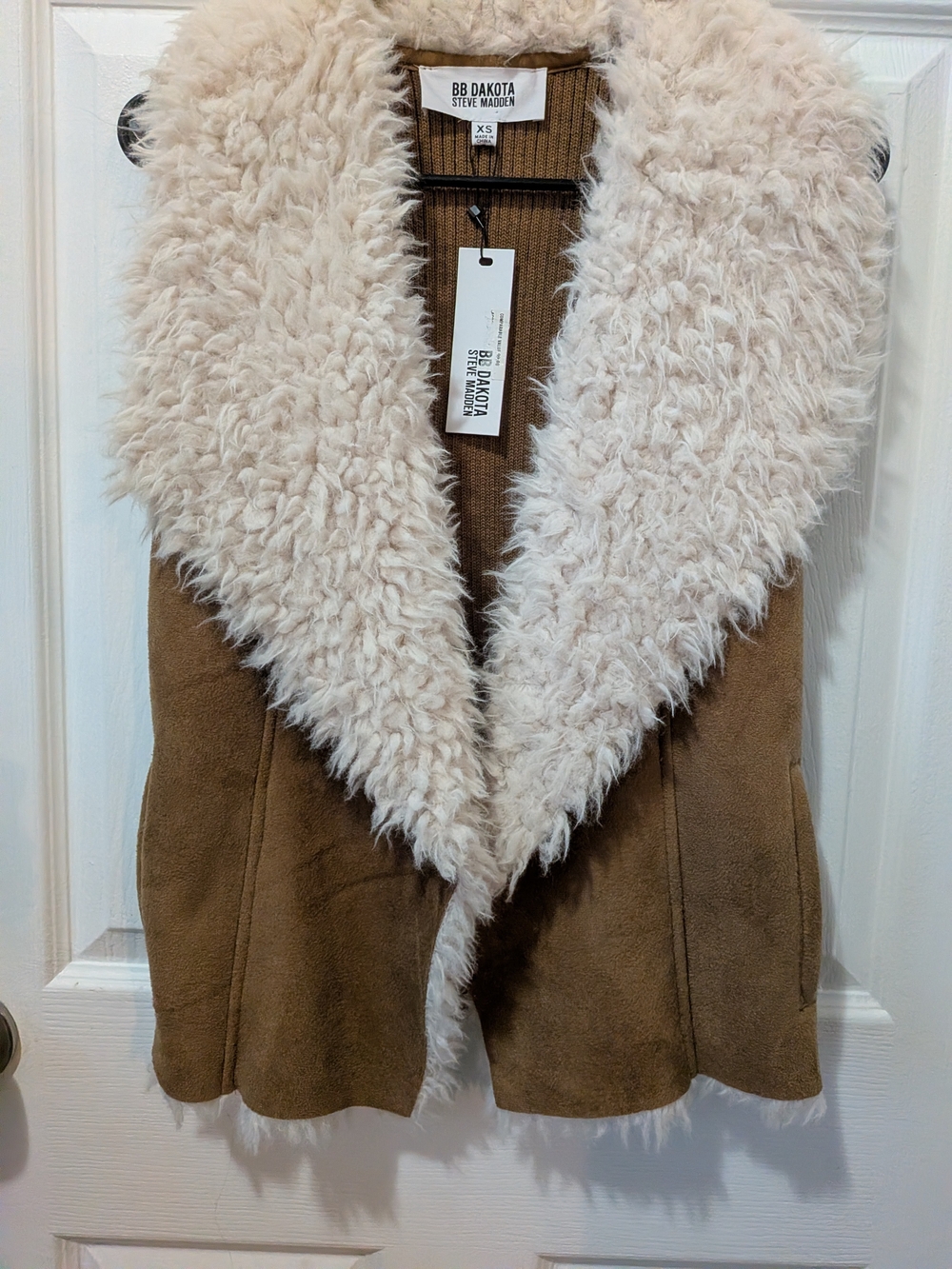 Steve Madden Tan Teddy Vest with Cream Faux Fur Shawl Collar